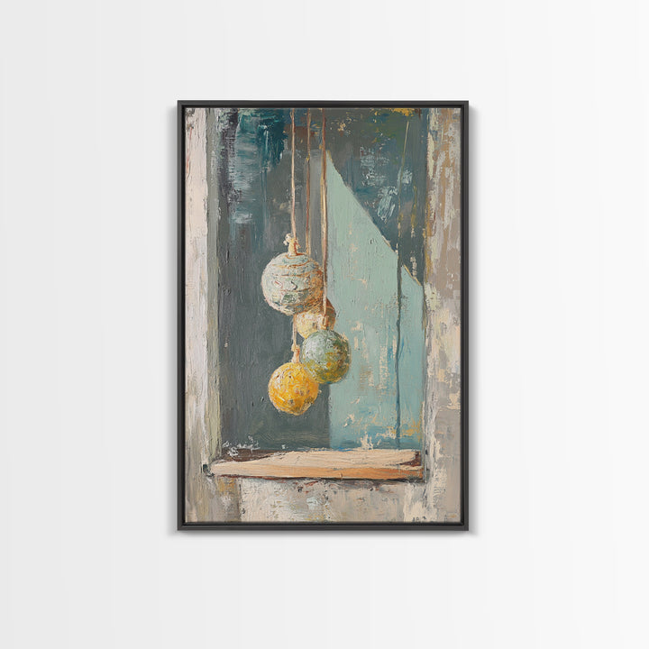 Hanging Textured Ornaments Canvas Print, Rustic Window Still Life, Boho Wall Decor, Neutral Modern Farmhouse Home Decor Art