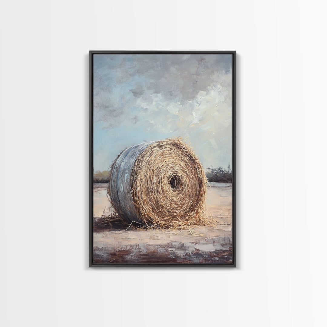 Round Hay Bale Field Wall Art, Rustic Farmhouse Landscape Painting, Country Home Decor, Neutral Large Canvas Print Gift For Her