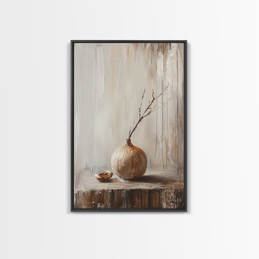 Minimal Onion Still Life Canvas Print, Neutral Kitchen Wall Art, Rustic Farmhouse Decor, Contemporary Vegetable Art Print