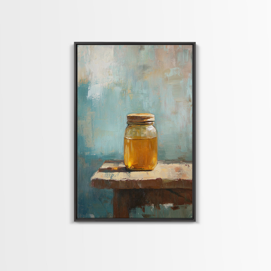 Golden Honey Jar Canvas Print, Rustic Kitchen Wall Art, Farmhouse Still Life Decor, Bee Lover Gift, Modern Home Decor Art