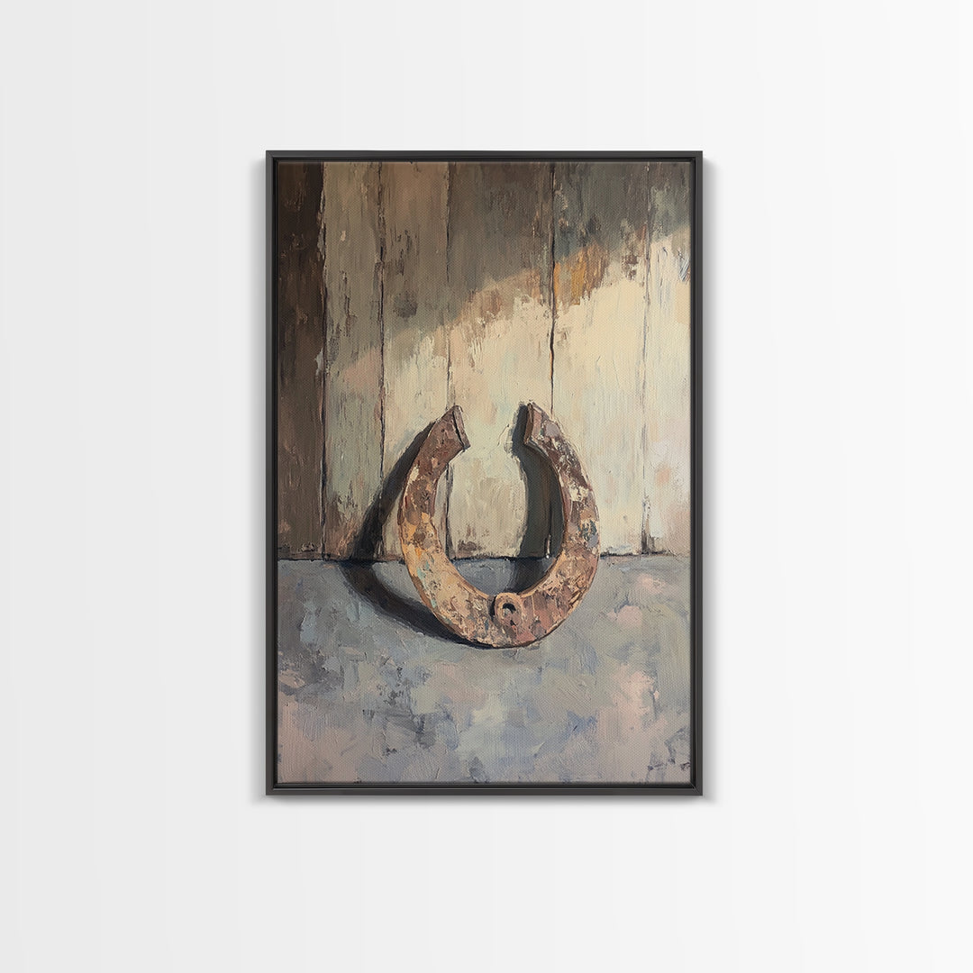Rusty Horseshoe Still Life Wall Art, Western Farmhouse Decor, Rustic Country Canvas Print, Horse Lover Gift For Him Man Cave Decor