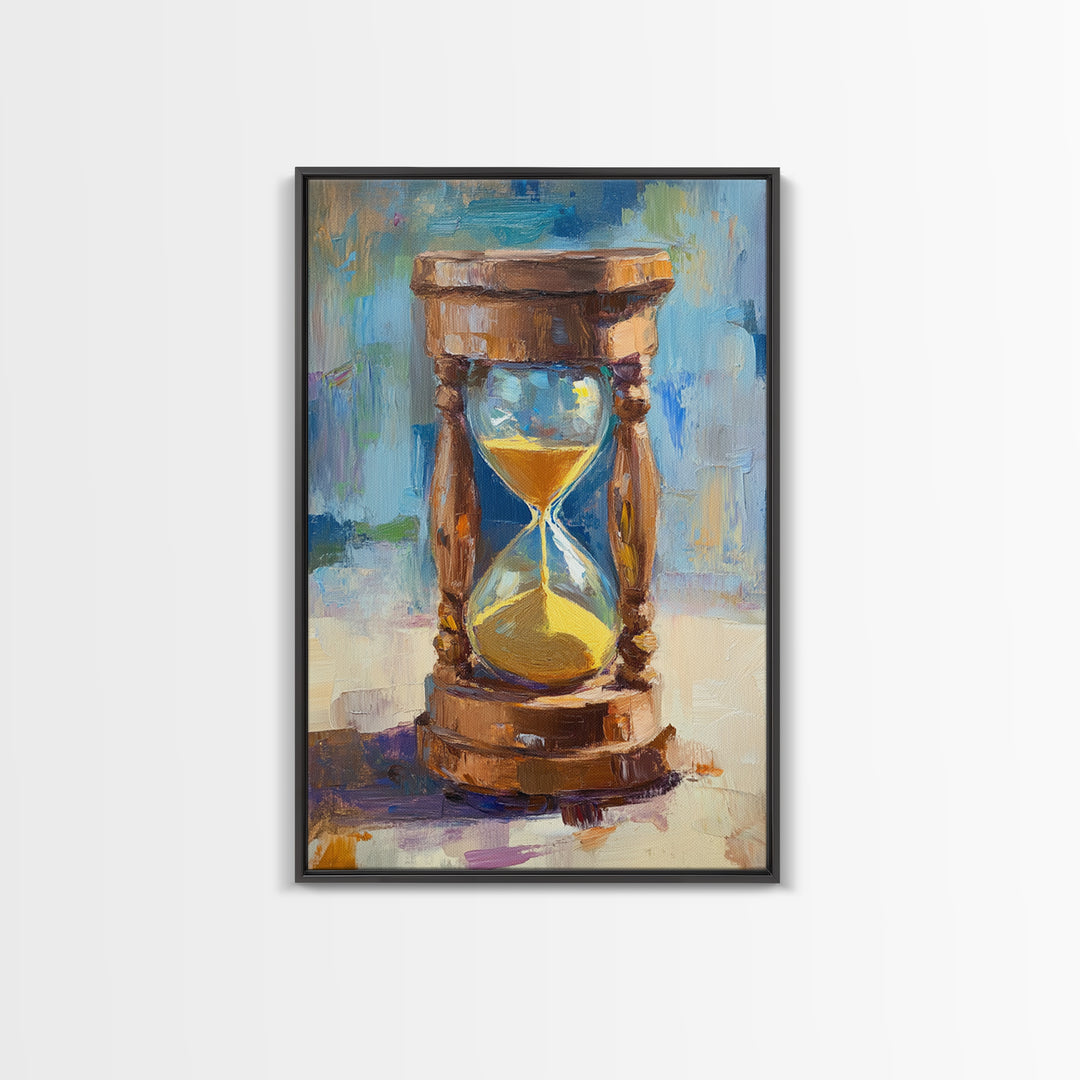 Wooden Hourglass With Golden Sand Framed Canvas Print, Modern Wall Art, Rustic Home Decor, Office Decor, Housewarming Gift