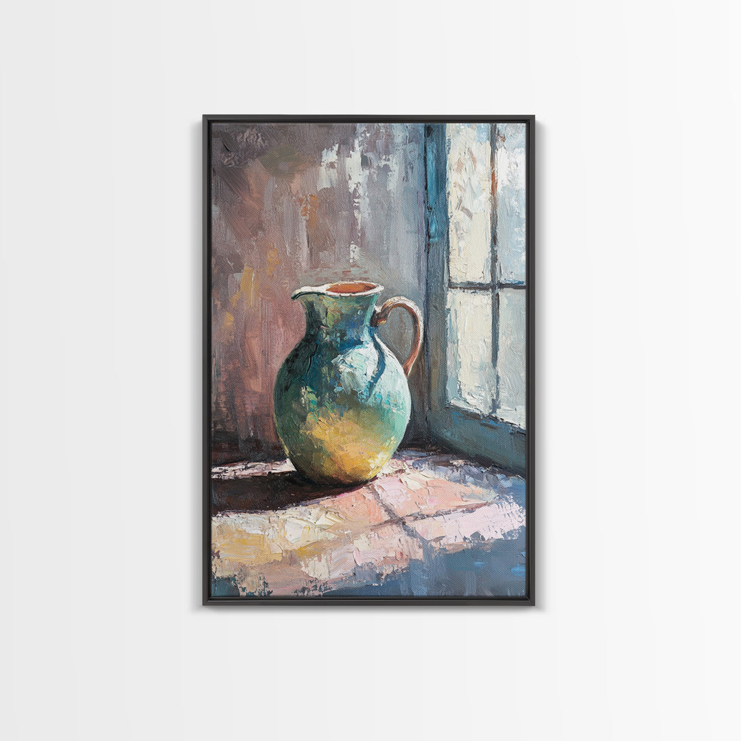 Turquoise Pitcher By Sunlit Window Wall Art, Rustic Kitchen Decor, Still Life Oil Painting, Farmhouse Home Decor Gift For Her