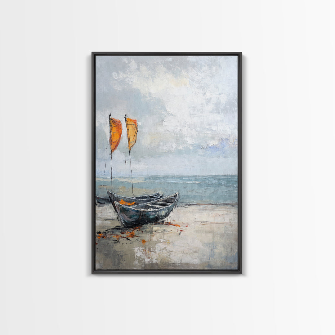 Orange Sailboats On Misty Beach Framed Canvas Print, Coastal Wall Art, Nautical Decor, Ocean Seascape Beach House Gift For Him