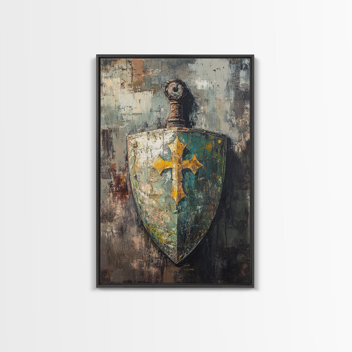 Medieval Shield And Sword Wall Art, Gothic Framed Canvas Print, Fantasy Decor, Knight Armor Gift For Him Home Office Man Cave Decor