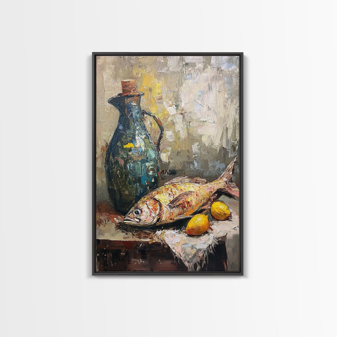 Mediterranean Fish Still Life With Lemons Framed Canvas Print, Coastal Kitchen Wall Art, Seafood Decor, Foodie Gift For Home Chefs