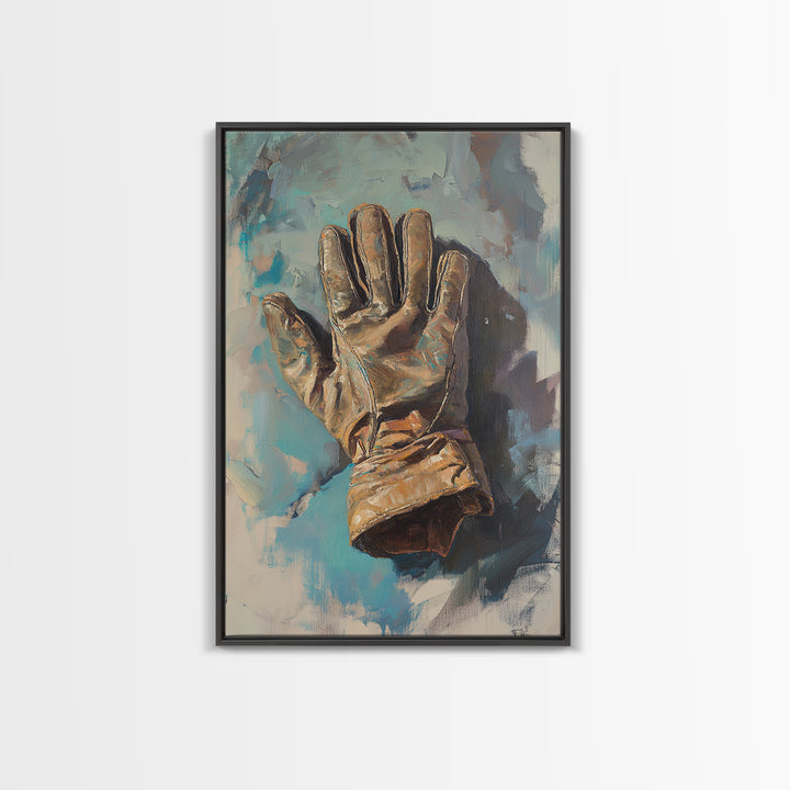 Weathered Leather Work Glove Framed Canvas Print, Rustic Masculine Wall Art, Farmhouse Office Decor, Industrial Decor, Gift For Him