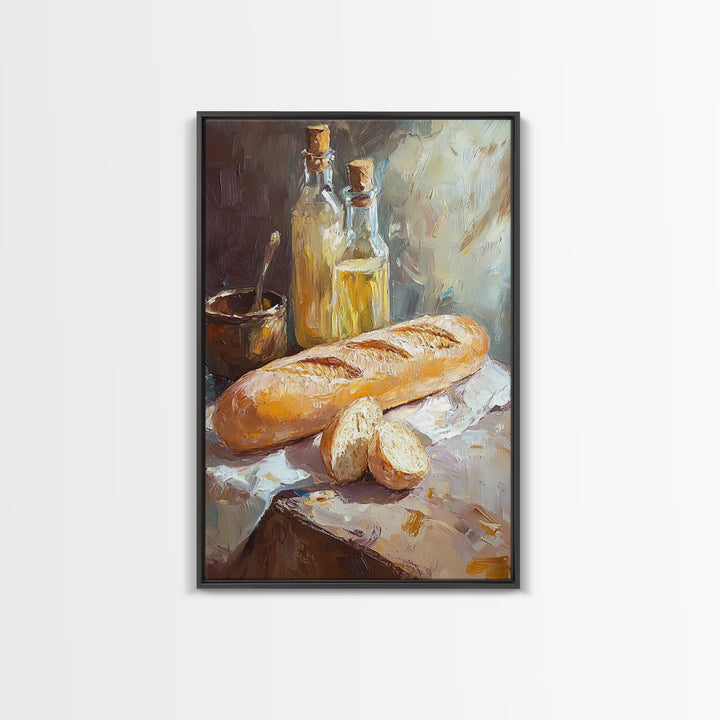 Rustic Baguette And Olive Oil Still Life Canvas Print, French Kitchen Wall Art, Bakery Decor, Food Lover Housewarming Gift