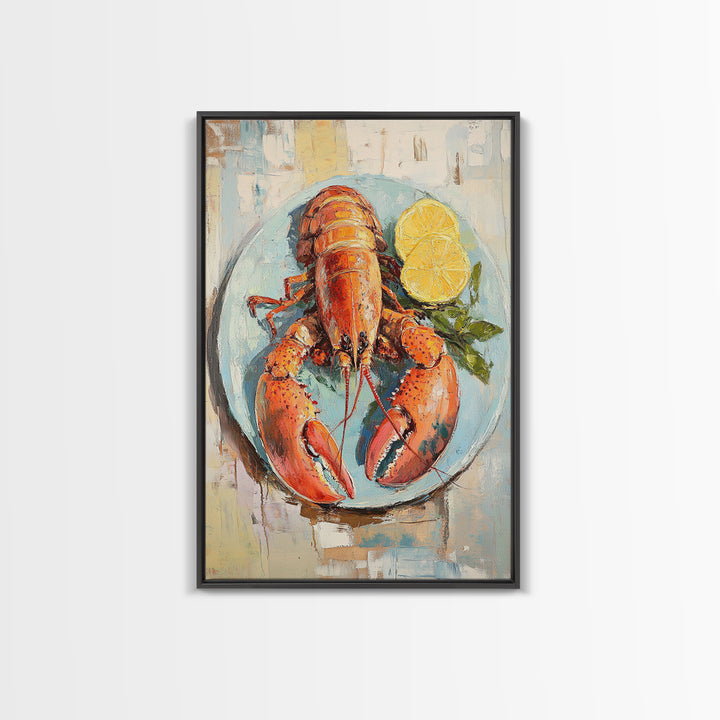Red Lobster With Lemon Seafood Wall Art, Coastal Kitchen Decor, Nautical Canvas Print, Beach House Decor Gift For Food Lover