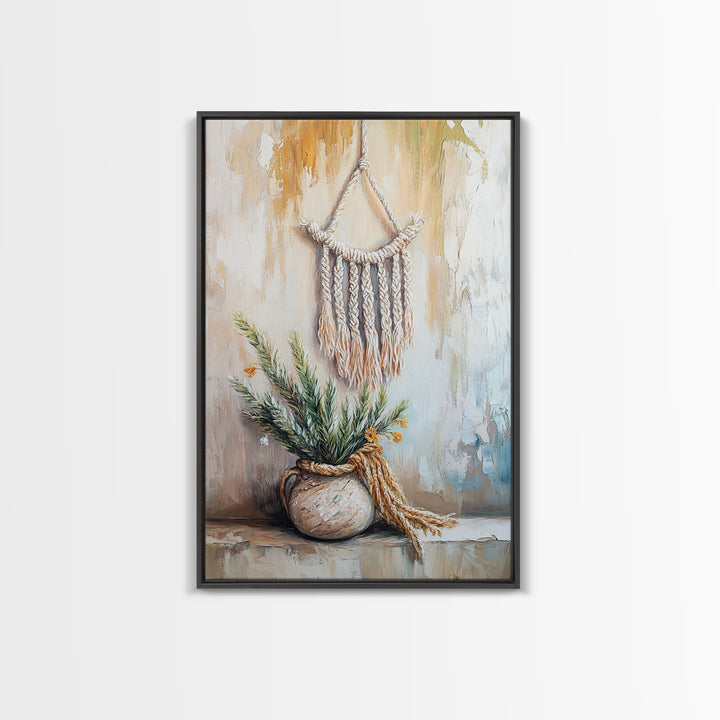 Macrame Hanging With Potted Greenery Wall Art, Boho Wall Decor, Neutral Rustic Home Decor, Wabi Sabi Housewarming Gift For Her