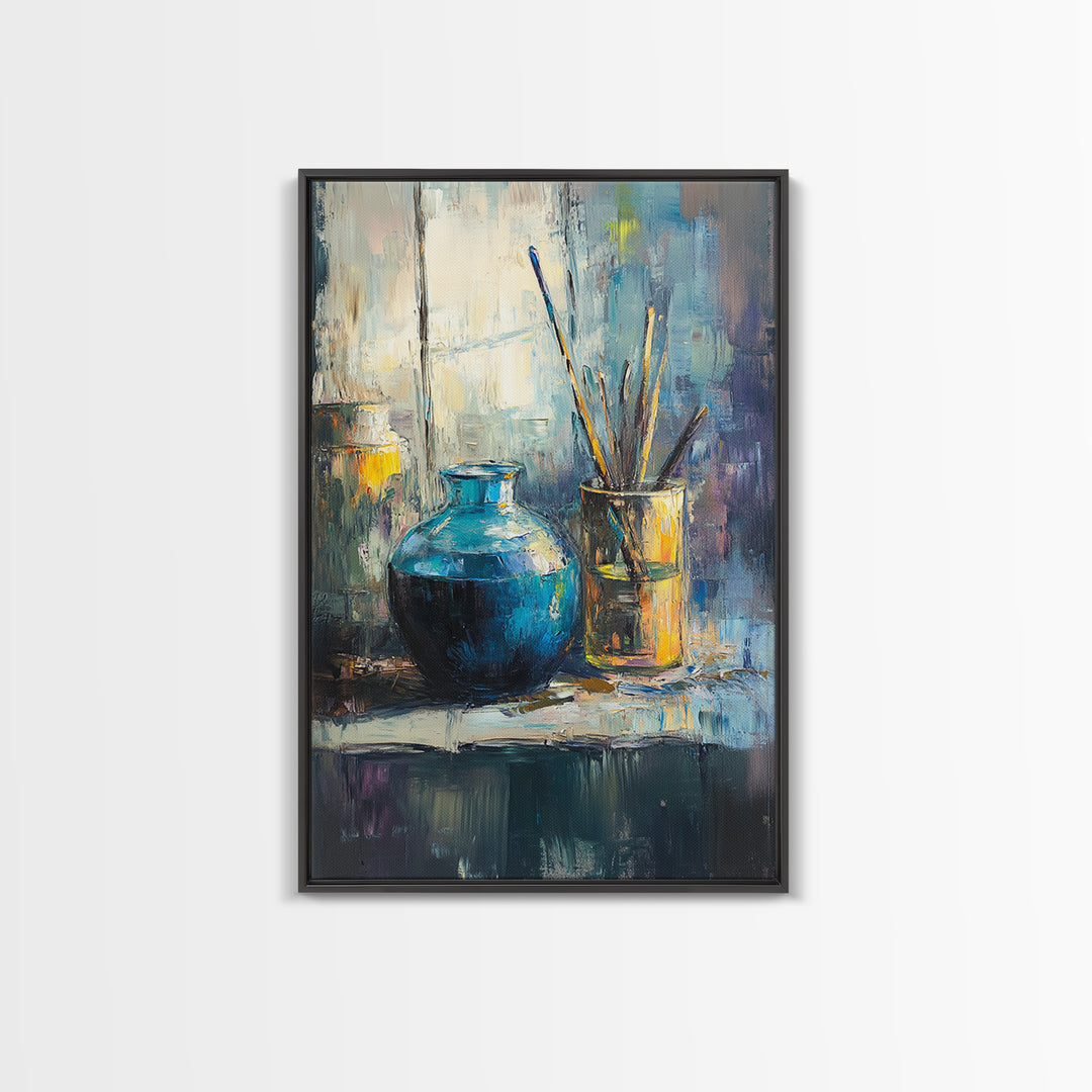 Blue Ceramic Vase With Artist Brushes Wall Art, Textured Still Life Oil Painting, Modern Home Decor, Living Room Art Print
