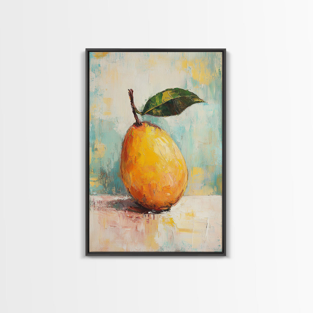 Golden Pear With Green Leaf Wall Art, Textured Fruit Still Life Oil Painting, Kitchen Wall Art, Farmhouse Home Decor, Dining Room Print