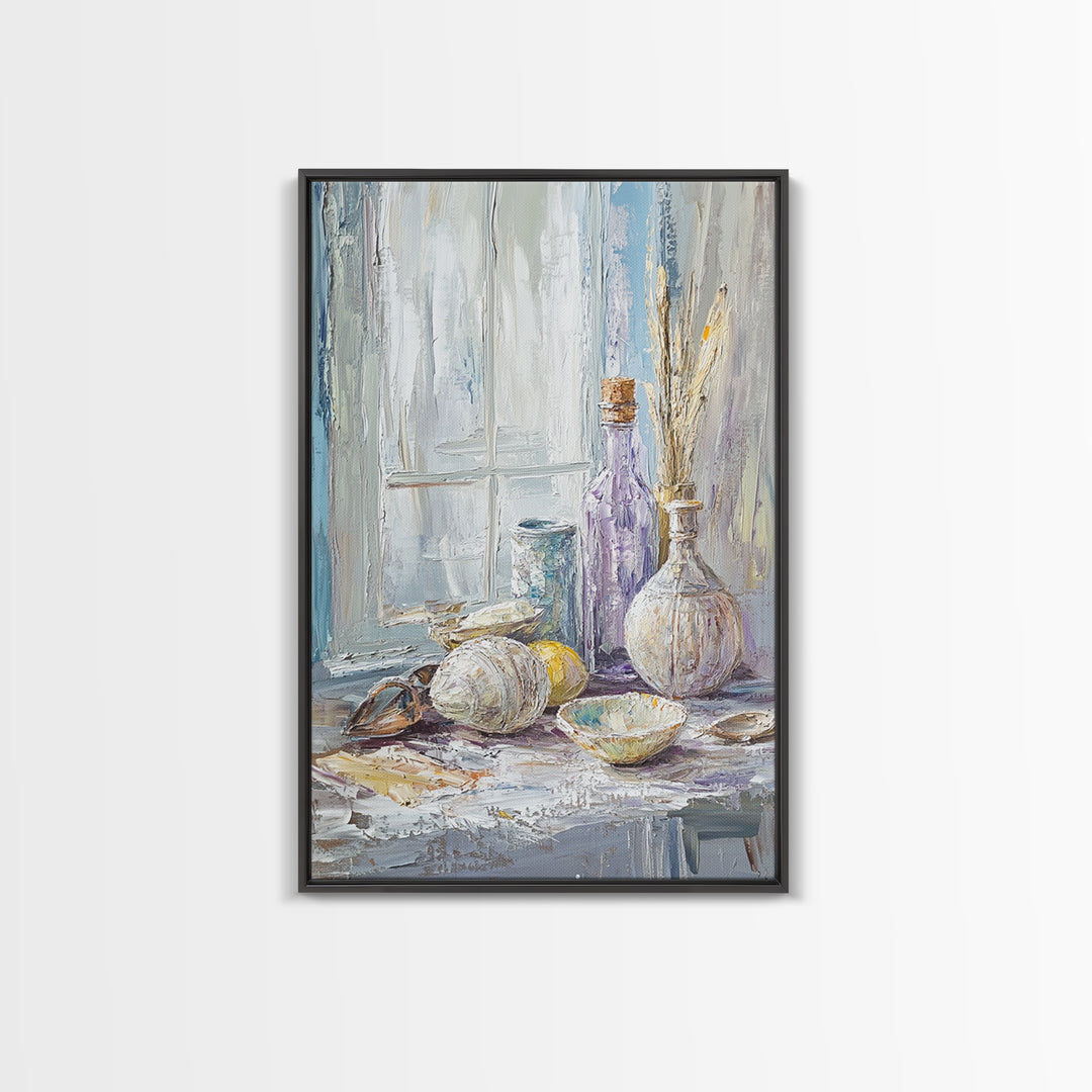 Seashells And Purple Bottle By Window Wall Art, Coastal Still Life Oil Painting, Beach House Decor, Neutral Wall Decor, Bathroom Art