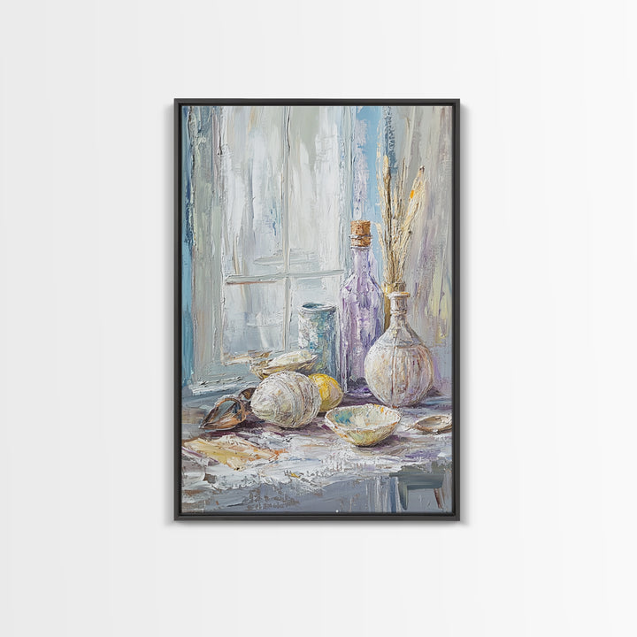 Seashells And Purple Bottle By Window Wall Art, Coastal Still Life Oil Painting, Beach House Decor, Neutral Wall Decor, Bathroom Art