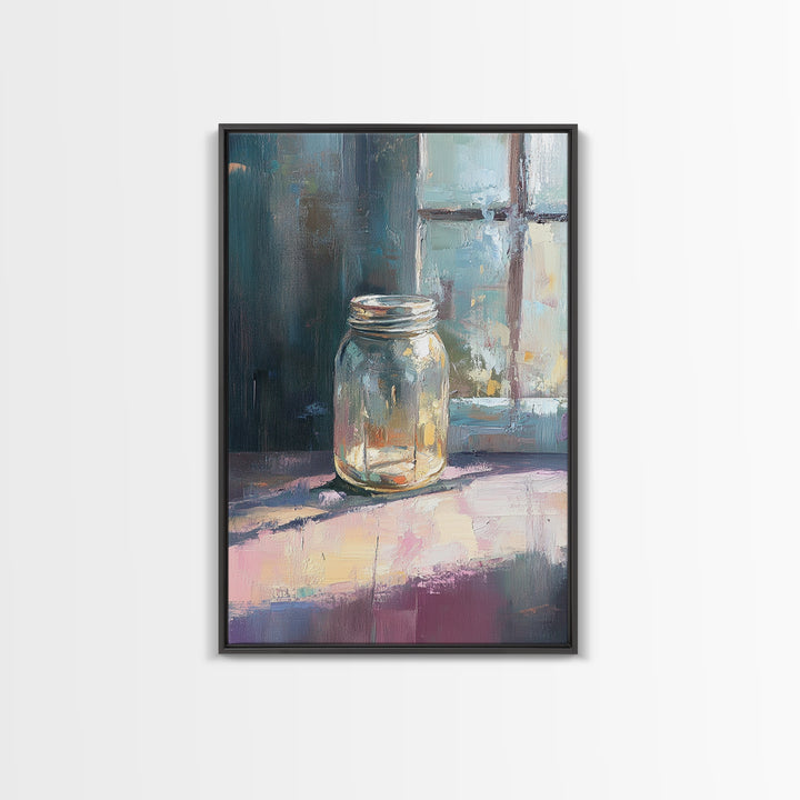 Sunlit Mason Jar On Windowsill Canvas Print, Minimalist Still Life Oil Painting, Rustic Kitchen Decor, Farmhouse Wall Art