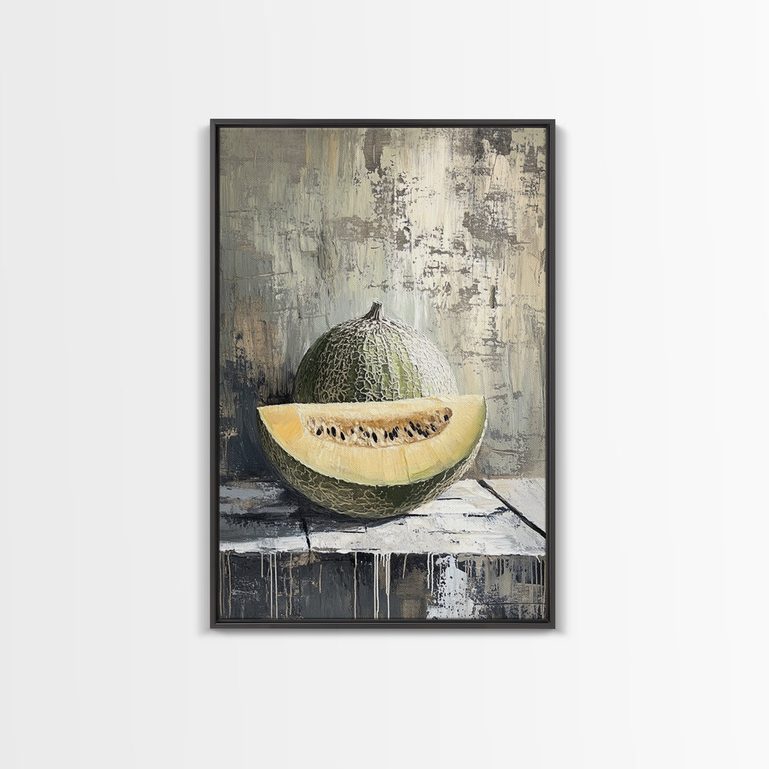 Cantaloupe Melon Still Life Wall Art, Rustic Kitchen Decor, Fruit Painting Print, Farmhouse Dining Room Art For Home Decor