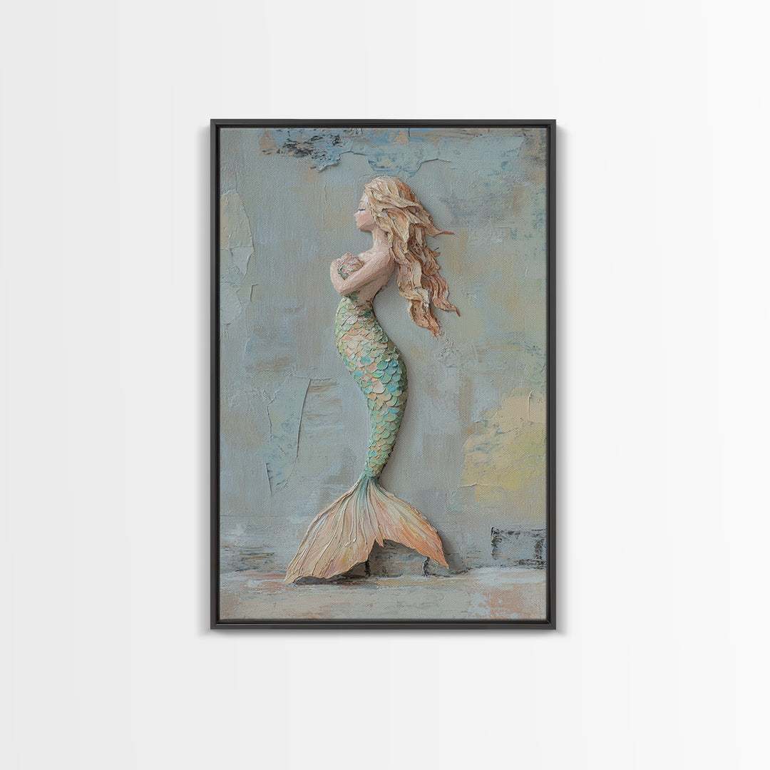 Textured Mermaid Figure Wall Art, Coastal Fantasy Decor, Nautical Canvas Print, Whimsical Ocean Art, Beach House Decor Gift