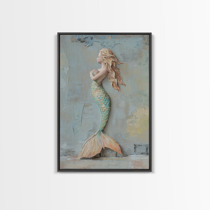 Textured Mermaid Figure Wall Art, Coastal Fantasy Decor, Nautical Canvas Print, Whimsical Ocean Art, Beach House Decor Gift