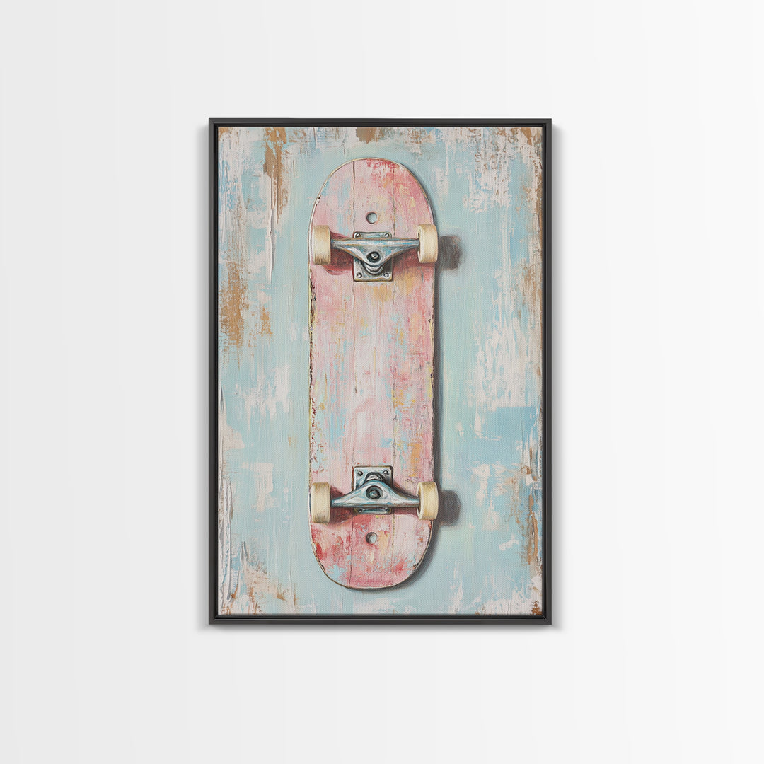 Pastel Pink Skateboard On Distressed Blue Wall Art, Retro Sport Decor, Skater Gift, Trendy Canvas Print For Kids Room Decor