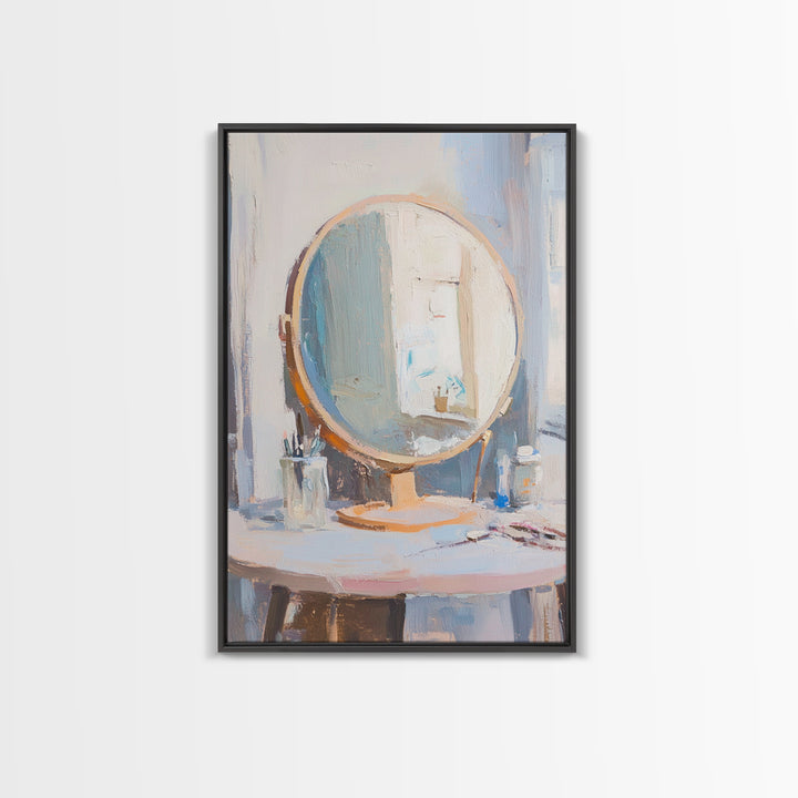 Soft Sunlit Vanity Mirror Still Life Wall Art, Feminine Bedroom Decor, Beauty Room Art, Neutral Framed Canvas Print For Modern Home Decor