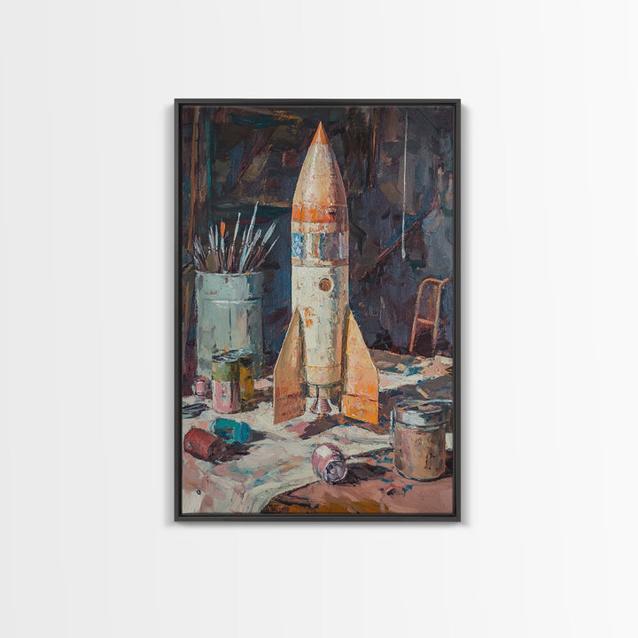 Weathered Toy Rocket In Artist Studio Wall Art, Retro Space Decor, Sci Fi Art Print, Bold Framed Canvas Print For Kids Room