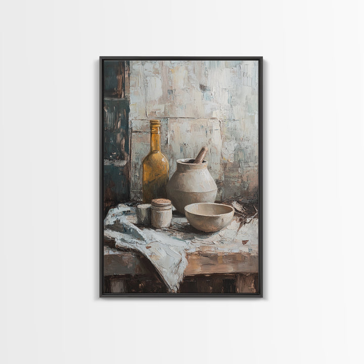 Rustic Pottery Bowl And Olive Bottle Wall Art, Neutral Kitchen Still Life Painting, Farmhouse Framed Canvas Print For Dining Room Decor