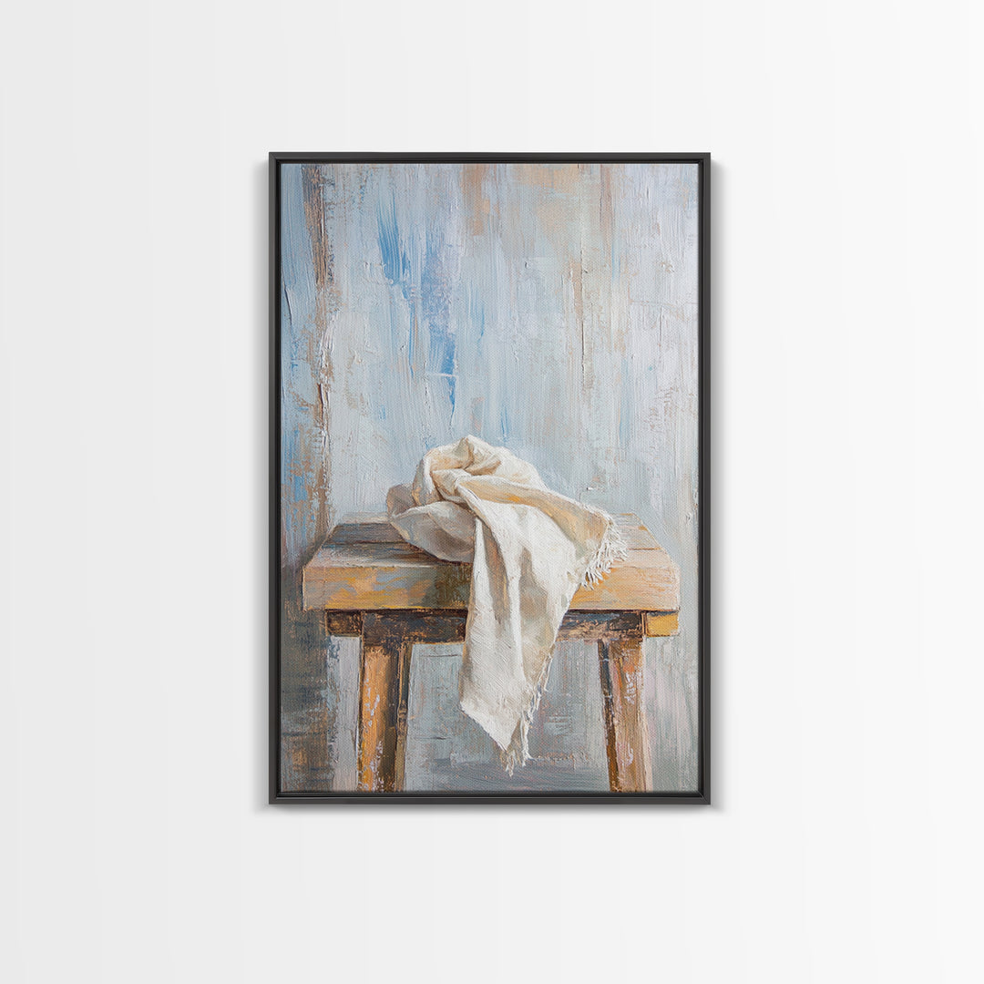 Weathered Wooden Stool With Linen Cloth Canvas Print, Minimalist Rustic Wall Art, Neutral Farmhouse Decor For Bedroom And Living Room