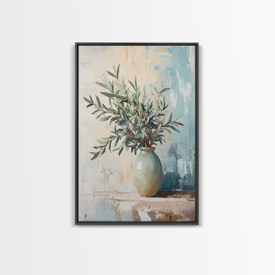 Olive Branches In Ceramic Vase Canvas Print, Mediterranean Botanical Wall Art, Minimalist Kitchen Decor, Neutral Home Decor