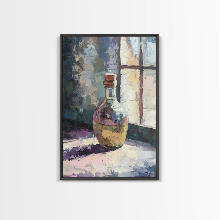 Sunlit Glass Bottle By Window Wall Art, Moody Still Life Painting, Rustic Kitchen Decor, Contemporary Canvas Print For Home