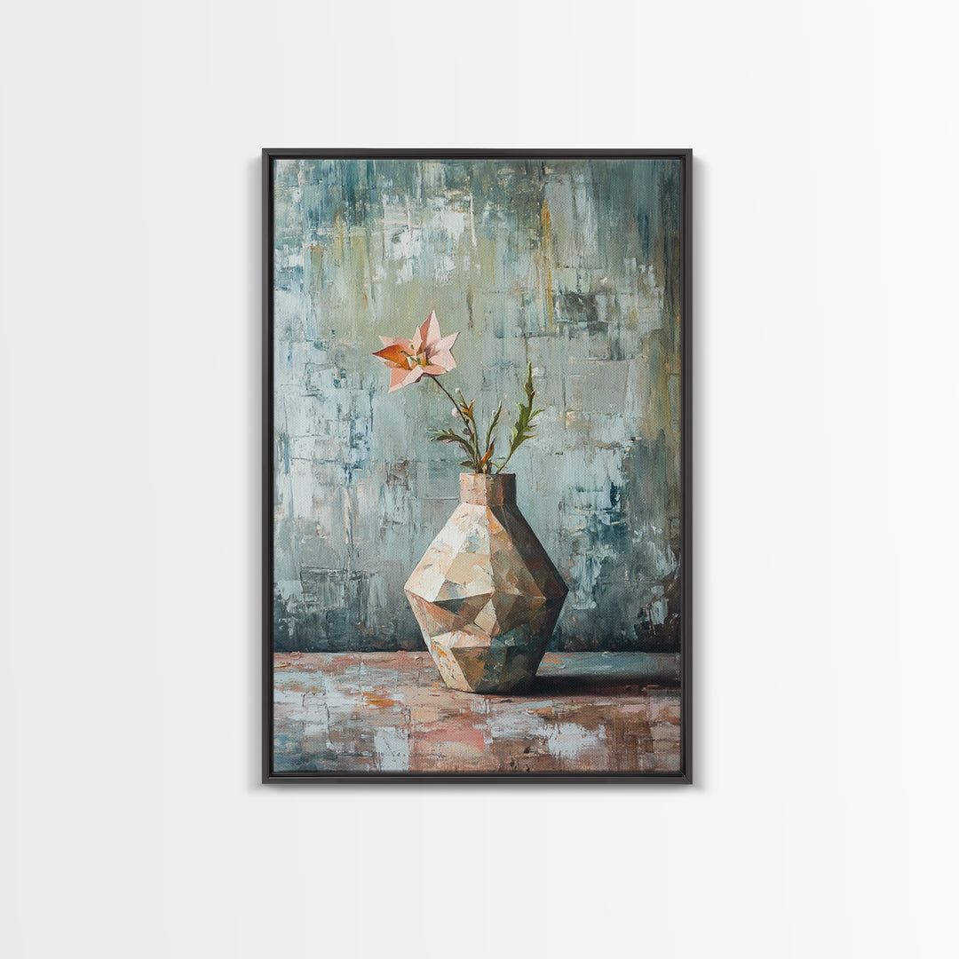 Single Pink Flower In Geometric Vase Canvas Print, Textured Still Life Wall Art For Kitchen Decor And Modern Home Decor Gift