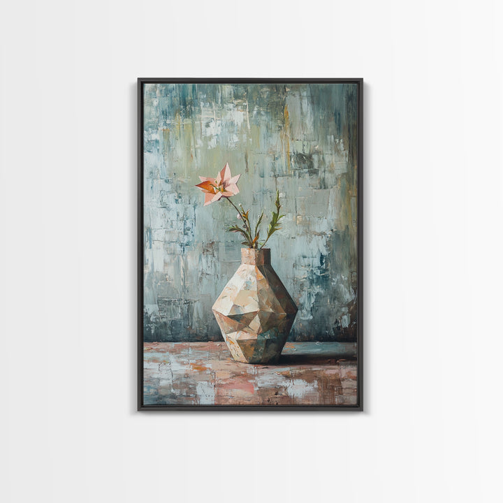 Single Pink Flower In Geometric Vase Canvas Print, Textured Still Life Wall Art For Kitchen Decor And Modern Home Decor Gift