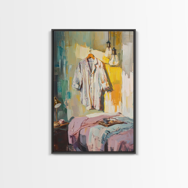 Cozy Bedroom With Hanging Shirt Canvas Print, Warm Guest Room Wall Art, Airbnb Wall Decor And Modern Farmhouse Decor Gift
