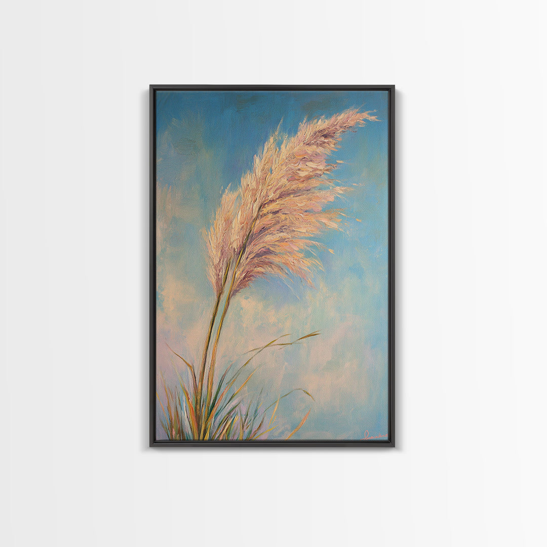 Pink Pampas Grass Against Blue Sky Framed Canvas Print, Coastal Botanical Wall Art For Boho Bedroom Decor And Nature Gift