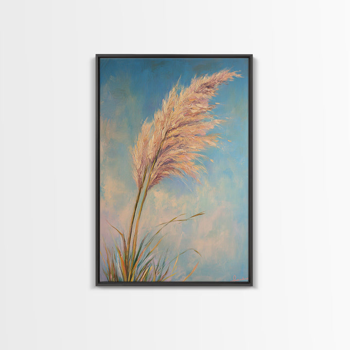 Pink Pampas Grass Against Blue Sky Framed Canvas Print, Coastal Botanical Wall Art For Boho Bedroom Decor And Nature Gift