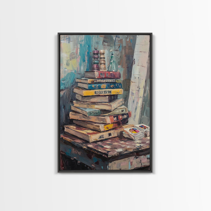 Stack Of Weathered Books Canvas Print, Cozy Library Wall Art For Reading Nook Decor, Book Lover Gift And Office Decor Print