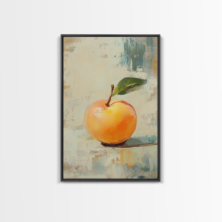 Golden Apple With Green Leaf Canvas Print, Minimal Fruit Still Life Wall Art For Kitchen Decor And Modern Farmhouse Wall Decor