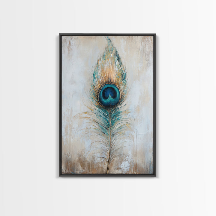 Blue Peacock Feather Wall Art, Boho Bird Feather Canvas Wall Decor, Teal Gold Nature Print, Neutral Living Room Decor, Home Decor