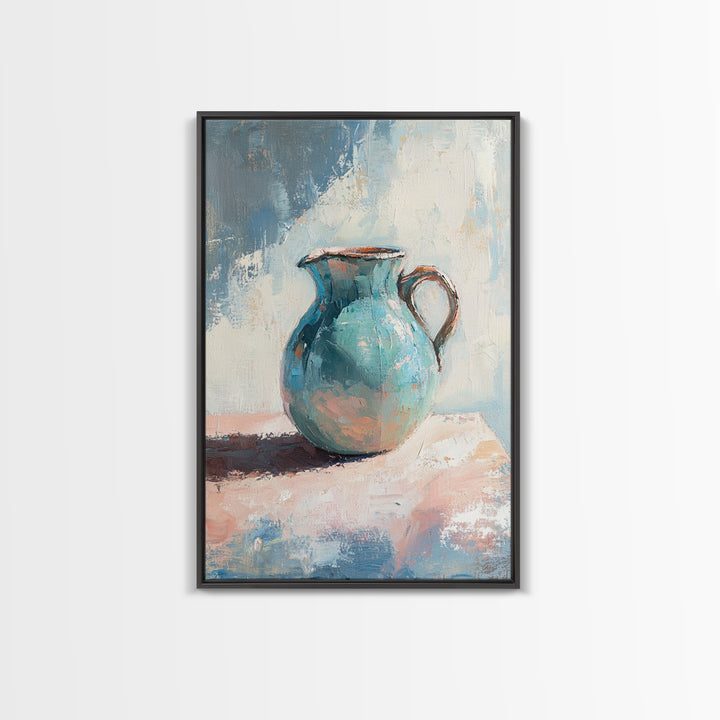 Turquoise Ceramic Pitcher Canvas Print, Rustic Kitchen Wall Art, Coastal Home Decor, Still Life Painting, Gift For Her, Fine Art
