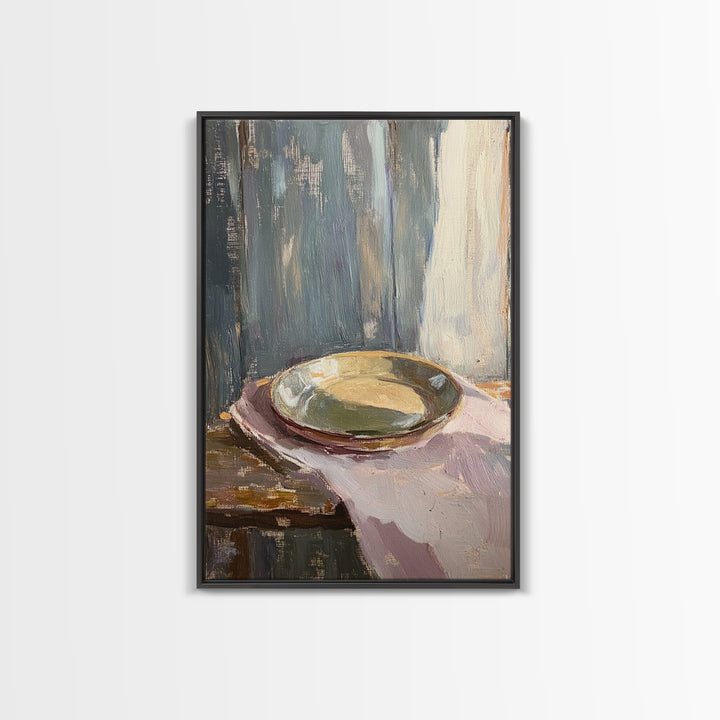 Shallow Ceramic Bowl On Linen Framed Canvas Print, Minimalist Kitchen Wall Art, Neutral Home Decor, Moody Still Life Painting
