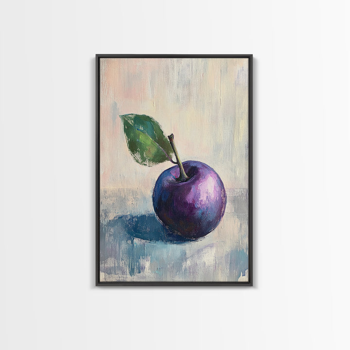 Purple Plum With Green Leaf Canvas Print, Still Life Fruit Art For Kitchen Wall Art, Rustic Farmhouse Home Decor Gift For Her