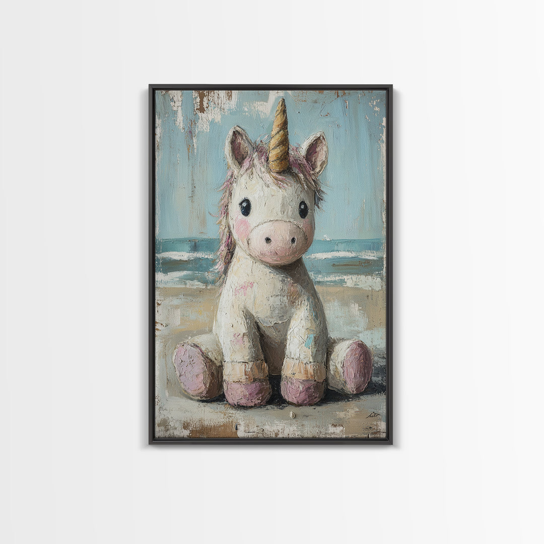 Cute Sitting Unicorn Nursery Wall Art, Whimsical Animal Canvas Print, Girls Room Decor, Magical Baby Shower Gift For Her