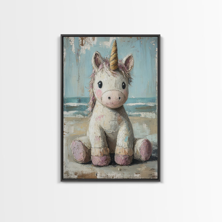 Cute Sitting Unicorn Nursery Wall Art, Whimsical Animal Canvas Print, Girls Room Decor, Magical Baby Shower Gift For Her
