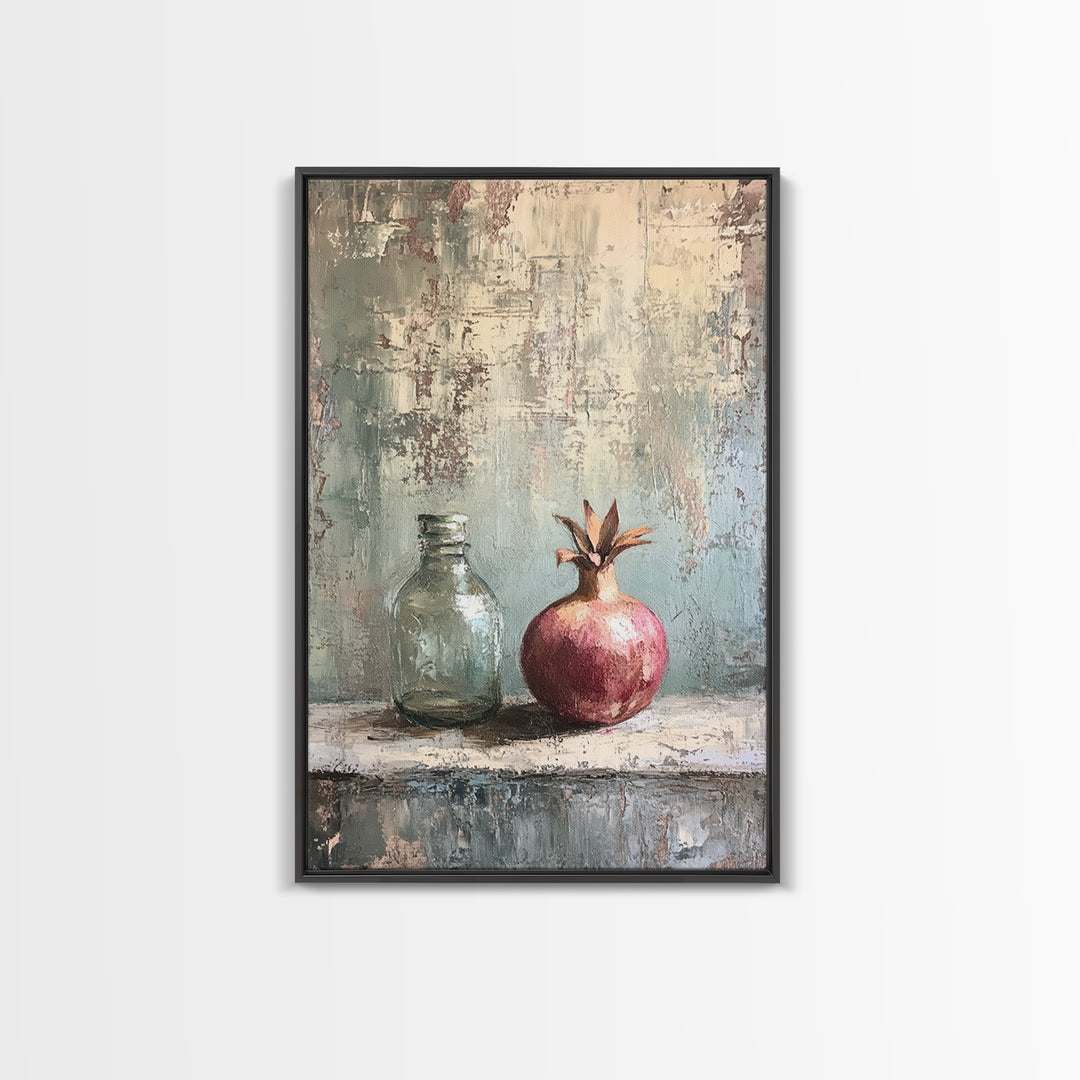 Pomegranate And Glass Bottle Still Life Wall Art, Rustic Fruit Canvas Print, Neutral Kitchen Decor, Housewarming Gift For Her