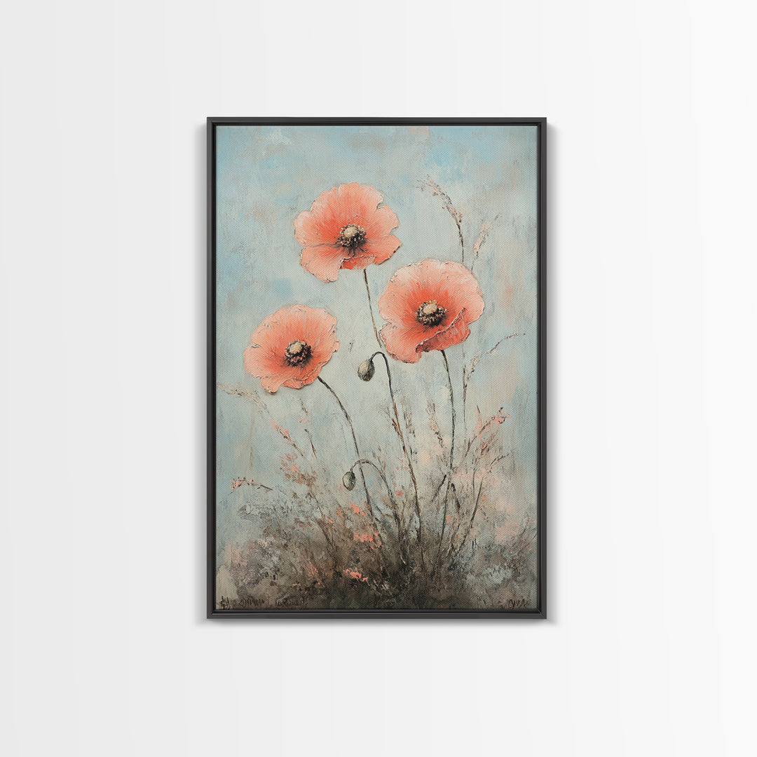 Coral Poppy Flowers On Blue Background Wall Art, Botanical Canvas Print, Floral Wall Decor For Bedroom Home Decor Gift For Her