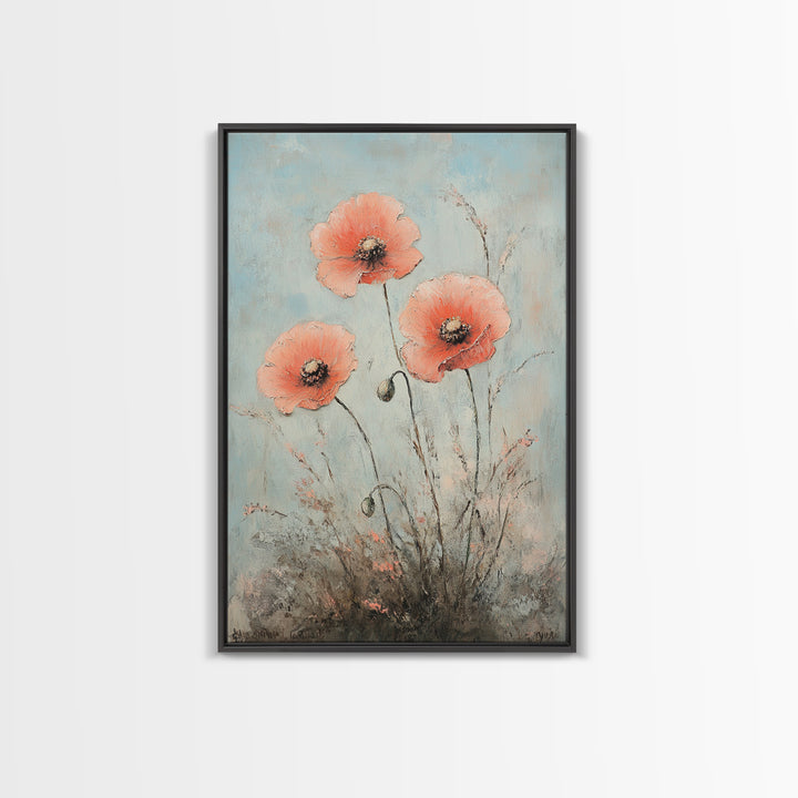 Coral Poppy Flowers On Blue Background Wall Art, Botanical Canvas Print, Floral Wall Decor For Bedroom Home Decor Gift For Her