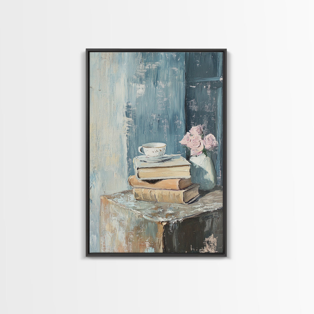 Stacked Books With Teacup And Pink Flowers Canvas Print, Cozy Reading Nook Wall Art, Library Home Decor Gift For Her