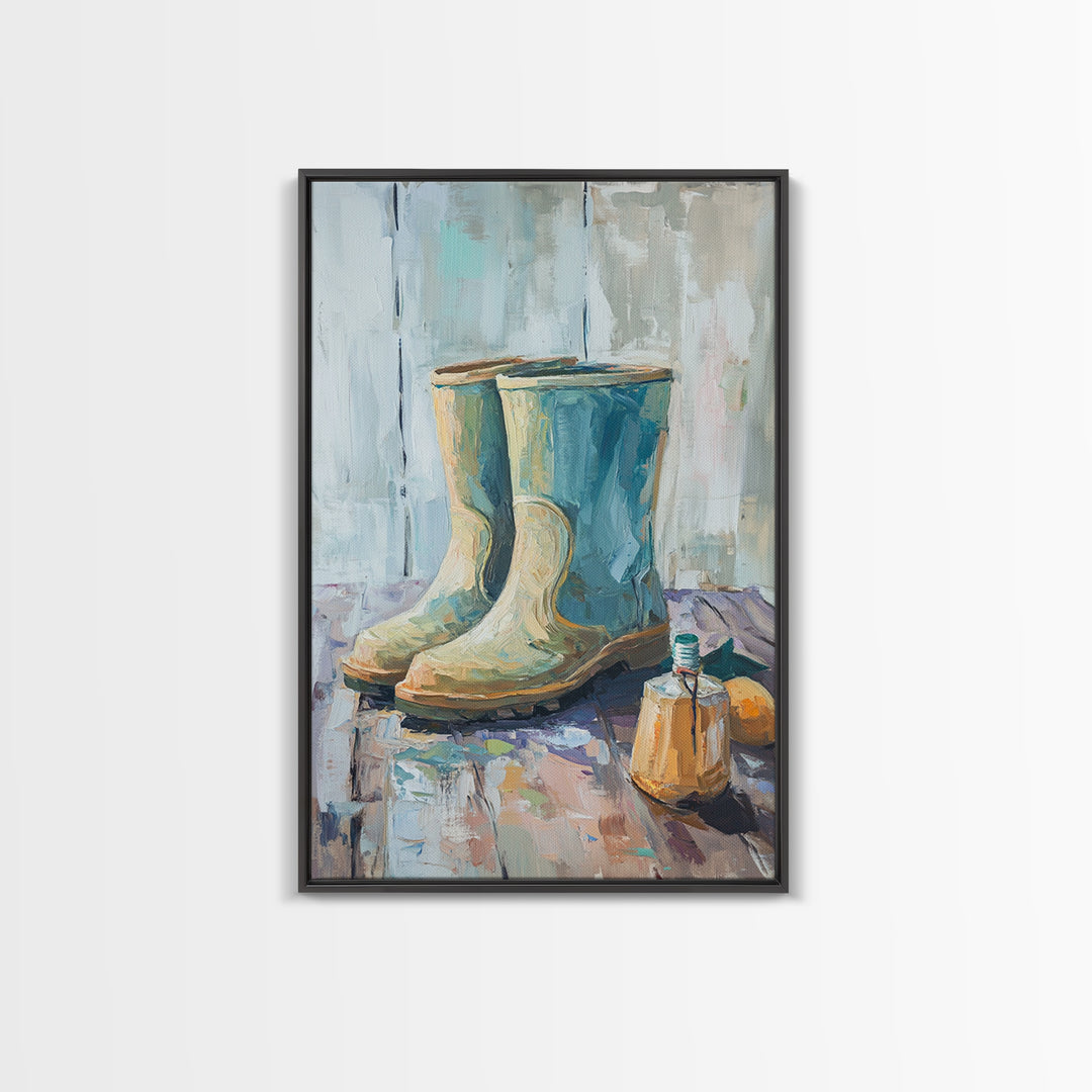 Blue Rain Boots And Small Jug Wall Art, Rustic Farmhouse Canvas Print, Country Home Decor, Mudroom Entryway Decor Gift For Her