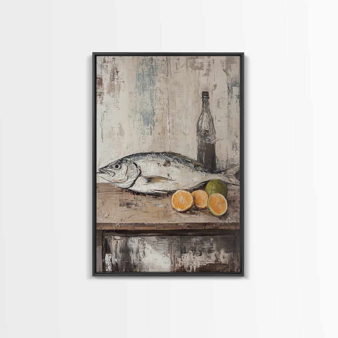 Fresh Fish With Citrus And Bottle Wall Art, Coastal Kitchen Canvas Print, Seafood Still Life, Rustic Dining Room Decor, Gift