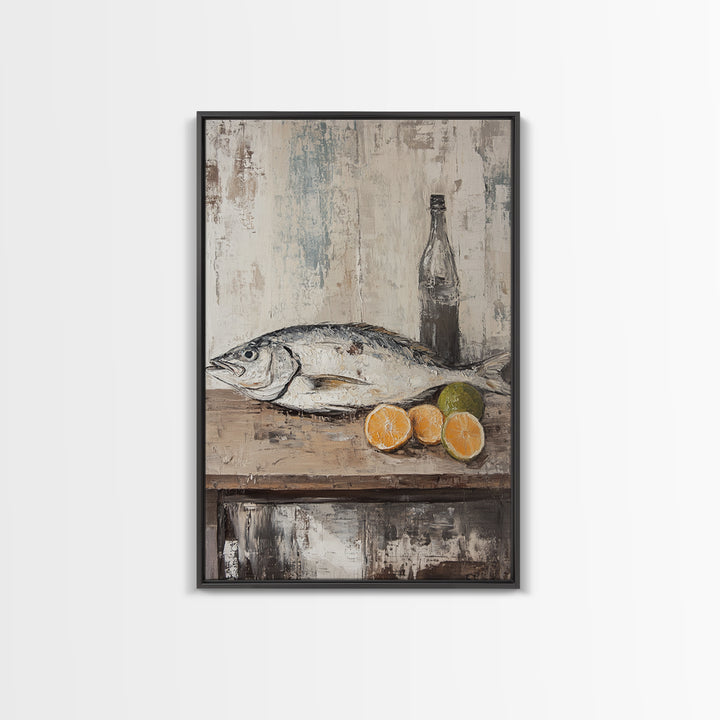 Fresh Fish With Citrus And Bottle Wall Art, Coastal Kitchen Canvas Print, Seafood Still Life, Rustic Dining Room Decor, Gift