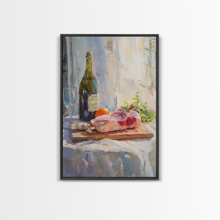 Wine Bottle And Steak Still Life Wall Art, French Kitchen Canvas Print, Dining Room Decor, Food Lover Gift, Rustic Home Decor